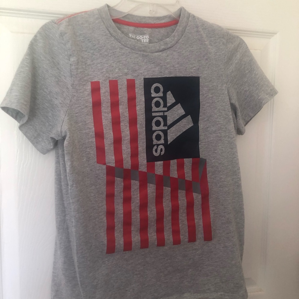 Adidas kids tee. Gray, red & blue. Size kids 10